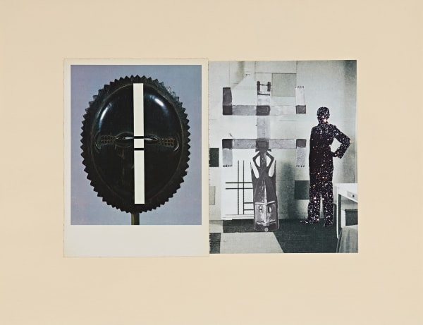 Collage, left panel image of African mask, right side photograph of female silhouette cut from image of space standing in front of abstract painting