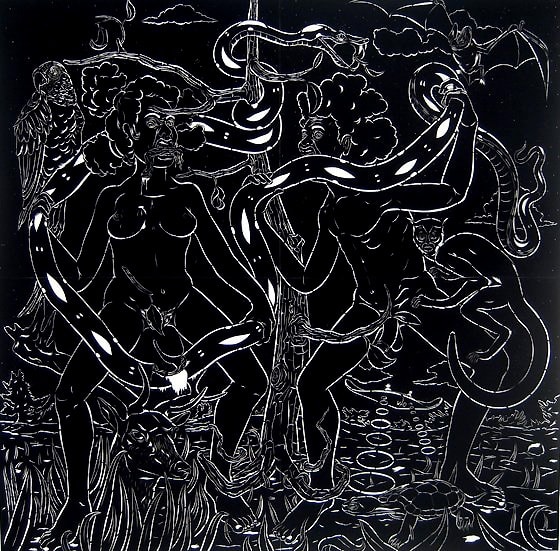 Cut velour paper showing Adam and Eve attacking the snake in Eden