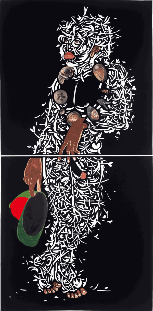 Cut black paper showing nude figure cut from filigree, man leans against unseen post and holds red and green baseball cap in right hand