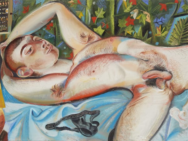 Nude man lying on his back, left arm over his head, his body from head to thigh facing the viewer.