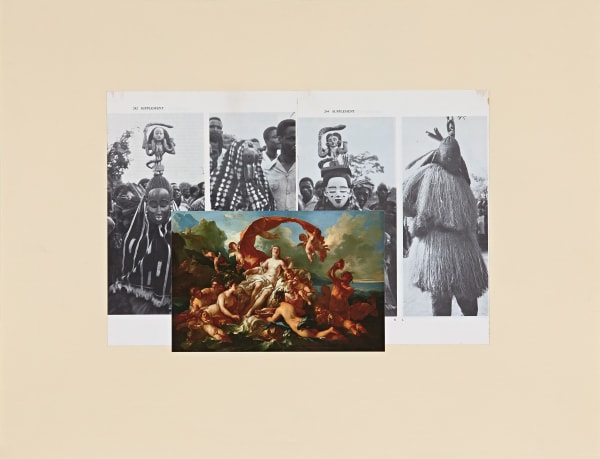 Collage, several black and white images clipped from ethnographic publication overlaid with image of color Old Master painting