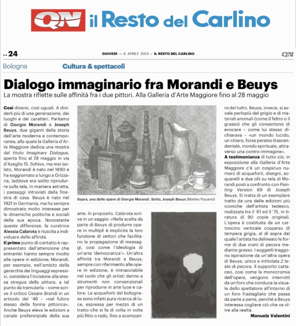 Il Resto del Carlino "Dialogo immaginario fra Beuys e Morandi" by Manuela Valentini