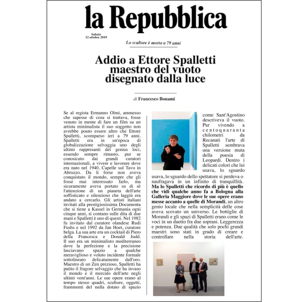 © Maggiore g.a.m. | Francesco Bonami, Goodbye Ettore Spalletti, Master of emptiness designer of light, La Repubblica, 12 ottobre 2019
