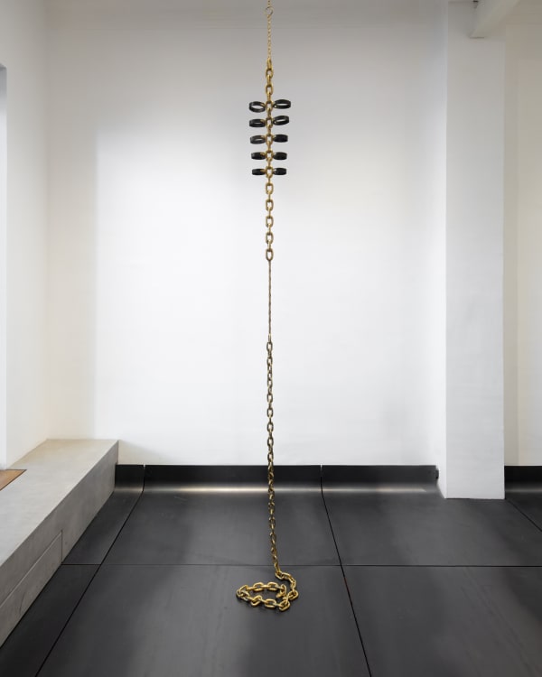 fig 33.6 to lay in the great city, 2022 Gold-plated, steel, leather, hardware 140 x 8 x 3 in 350 x 21 x 8 cm