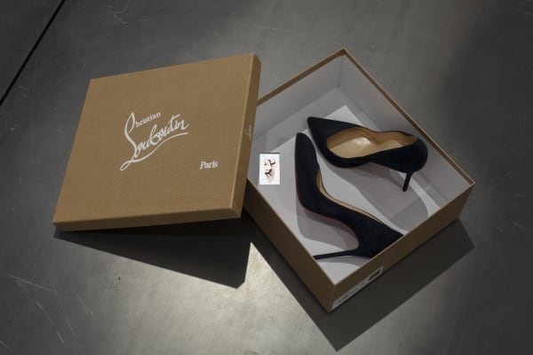 Milana Gabriel Conturbatio Christian Louboutin shoe box, shoes, screen, speaker 13 x 32.1 x 27.9 cm 5 1/8 x 12 5/8 x 11 in