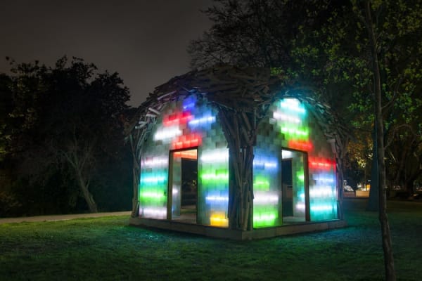 Kregar, The Glass Pavilion, 2017, Handmade Glass Bricks, Recycled Wood And Repurposed Neon. Credit: Heather Milne.