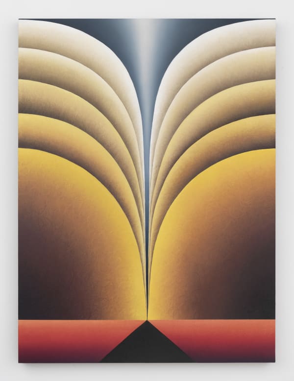 Loie Hollowell. “Yellow Mountains” (2016).Oil, acrylic medium, and sawdust on linen over panel.48 x 36 inches. Courtesy PACE gallery, New York.