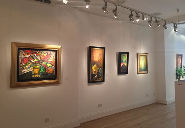 Installation shot: Souza, Husain, Raza, Chughtai, Husain