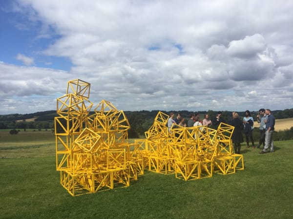 Rasheed Araeen, Zero to Infinity (Sunflower Yellow), outside the Longside Gallery, Yorkshire Sculpture Park