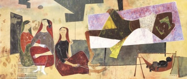 Shanti Dave (b.1931) Mother and Child, 1959 Oil on board 26 x 61cm. (10 ¼ x 24in.)