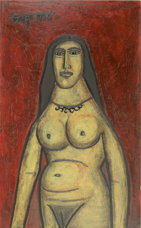 Francis Newton Souza (1924 - 2002) Nude on Red Background, 1956 Oil on board 101.5 x 61cm. (40 x 24in.)