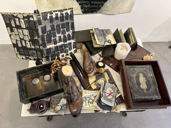 Jan Gilbert Installaton (2024) Found objects, acrylic transfers, photographic media