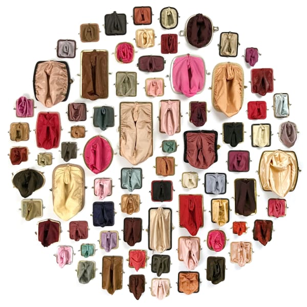 Suzanna Scott Coin Cunts (Set of 76), 2024 Wall installation of 76 individual purses with kisslock coin purses, thread and map tacks 48 x 3 in 121.9 x 7.6 cm Unique