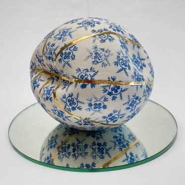 Brock Deboer Botanisch Collapsed Basketball Gold Lined, 2023 Porcelain, cobalt oxide, glaze and gold luster, with mirror platform 8 x 8 x 8 in 20.3 x 20.3 x 20.3 cm Unique