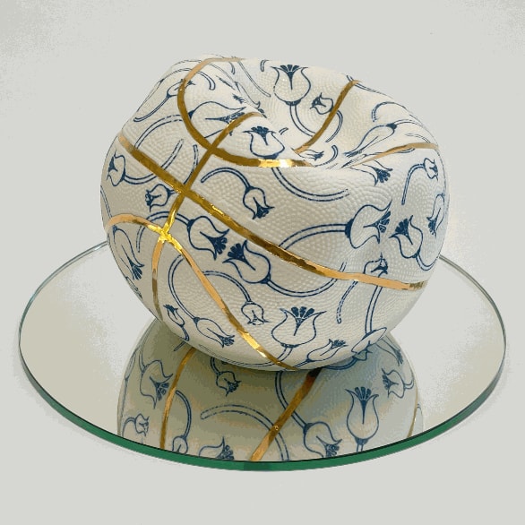 Brock Deboer Collapsed Scattered Tulip Basketball w. Gold, 2023 Porcelain, cobalt oxide, glaze and gold luster, with mirror platform 8 x 8 x 8 in 20.3 x 20.3 x 20.3 cm Unique