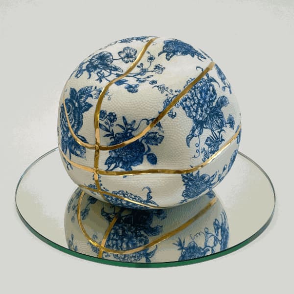 Brock Deboer Squished Toile Gold Line Basketball, 2023 Porcelain, cobalt oxide, glaze and gold luster, with mirror platform 8 x 8 x 8 in 20.3 x 20.3 x 20.3 cm Unique
