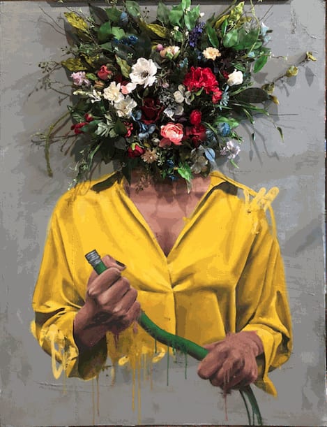 Sage Barnes Greener, 2019 Acrylic, spray paint and faux flowers on canvas 41 x 53 in 104.1 x 134.6 cm Unique