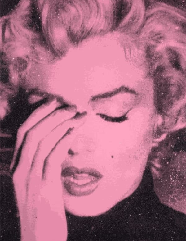 Russell Young Marilyn Crying, 2022 Hand-pulled acrylic and enamel screen print on linen with Diamond Dust in Rose Pink 62 x 51 in 157.5 x 129.5 cm