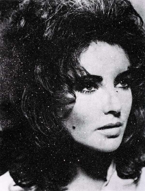 Russell Young Elizabeth Taylor, 2019 Acrylic paint, enamel and diamond dust screen print on linen in Black and White 36 x 29 Inches 91.4 x 73.7 cm