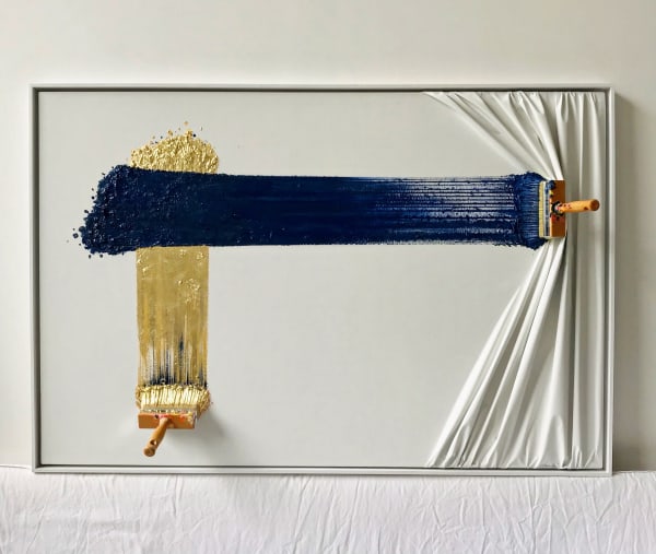 Jean-Paul Donadini Brosses arrêtées gold and blue , 2023 Acrylic and mixed media on canvas 57 1/2 x 38 1/4 in 146 x 97 cm Unique