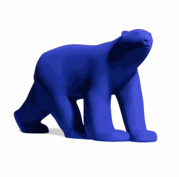 Yves Klein L'Ours Pompon, 2022 Hand-made resin bear with International Klein Blue (IKB) pigment in custom acrylic box 10 5/8 x 7 1/2 x 19 1/4 in 27 x 19 x 49 cm Edition of 999 + 199 APs