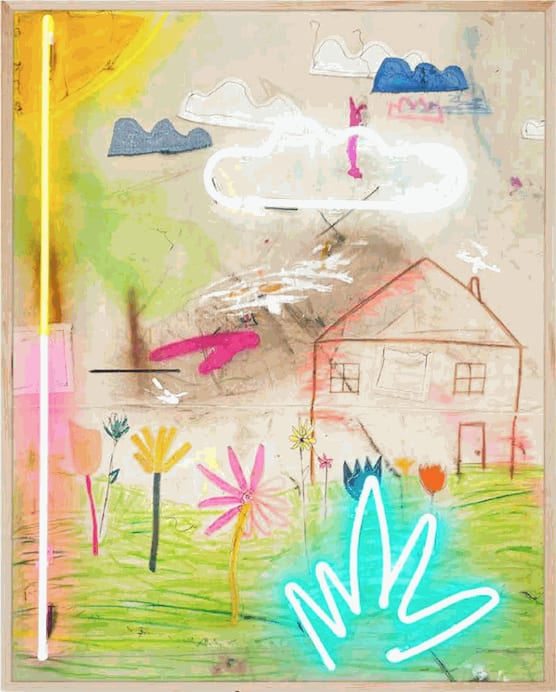Vincent Chung Pulling Like The Tide, 2022 Acrylic, spray paint, oil sticks, chalk pastel, dirt, vintage jeans and neon on sewn canvas 42 x 52 in 106.7 x 132.1 cm Unique