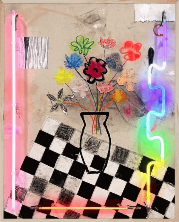 Vincent Chung We Were Just Kids Playing In The Rain, 2023 Acrylic, spray paint, oil sticks, chalk pastel, dirt and neon on sewn canvas 34 x 42 in 86.4 x 106.7 cm Unique