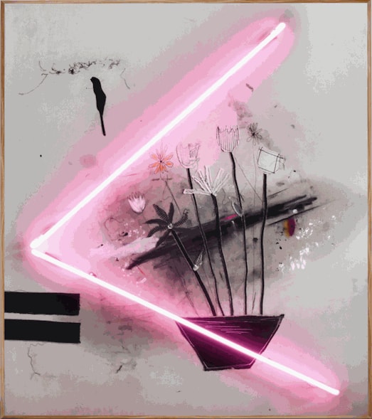 Vincent Chung You're Still A Mystery To Me, 2020 Acrylic, olive oil, oil sticks, dirt, spray paint, curtain samples on sewn canvas 42 x 48 in 106.7 x 121.9 cm Unique