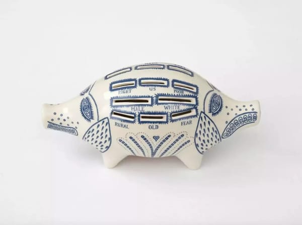 Grayson Perry Piggy Bank, 2017-2022 Ceramic in blue and white with rubber stopper Open Edition
