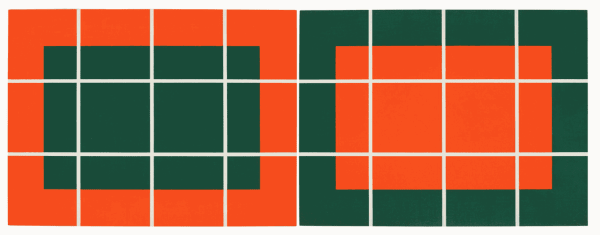 Donald Judd Untitled; two prints (Schellmann 263-264), 1992-93 Two woodcuts in orange and green on Echizen kozo paper 23 1/8 x 31 in each sheet 58.7 x 78.7 cm each sheet