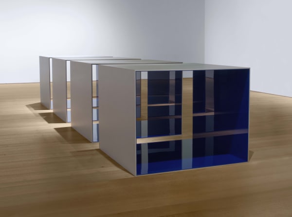 Donald Judd Untitled, 1969 Clear anodized aluminum and blue Plexiglas, in four units 48 x 60 x 60 in each 121.9 x 152.4 x 152.4 cm each Unique