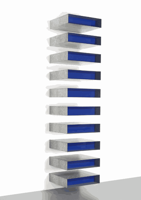 Donald Judd Untitled, 1978 Galvanized iron and opaque blue acrylic sheet, in ten parts 6 x 27 x 24 in each 15.2 x 68.6 x 61 cm each Unique