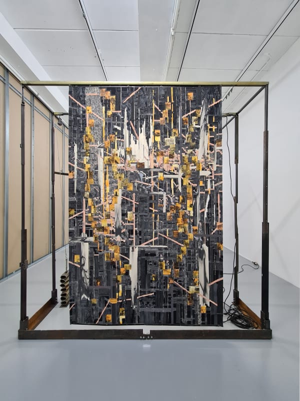 Marcin Dudek Akumulator Installation View Steel Wood Medical Tape Mirror Neon Light Paper Leather Silicon Cell Phone 290X220X220Cm 2013 2018 Installation View Back Copy