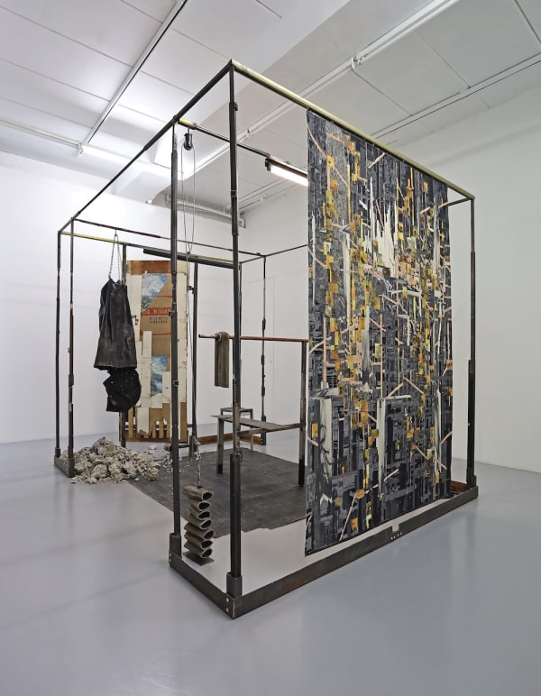 Marcin Dudek Akumulator Installation View Steel Wood Medical Tape Mirror Neon Light Paper Leather Silicon Cell Phone 290X220X220Cm 2013 2018