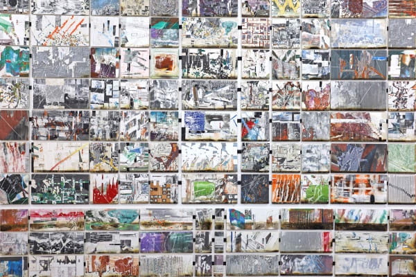 Marcin Dudek, Slash & Burn, 2020, Acrylic paint, steel powder, image transfer, medical tape, uv varnish on wood, aluminium and steel, 270 x 250 cm-106 1/4 x 98 3/8 in