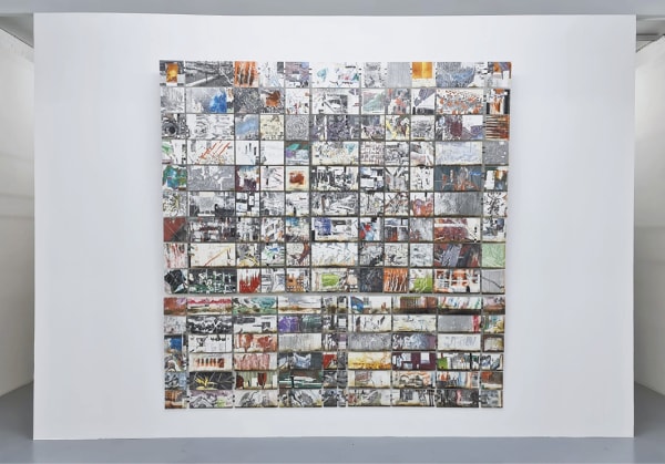 Marcin Dudek, Slash & Burn, 2020, Acrylic paint, steel powder, image transfer, medical tape, uv varnish on wood, aluminium and steel, 270 x 250 cm-106 1/4 x 98 3/8 in