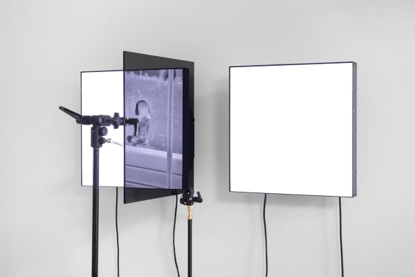 Emmanuel Van der Auwera, VideoSculpture XXI (Vegas), 2019, 2 LCD screens, polarization filter, plexiglass, 2 tripods, cables, HD video 12 mins 40 secs, 181 x 96 x 75 cm, 71 1/4 x 37 3/4 x 29 1/2 in, Edition of 5 plus 1 AP
