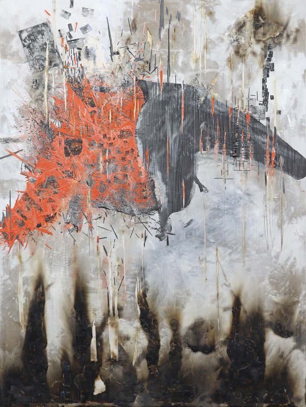 Marcin Dudek, Passage II, 2020 Acrylic paint, image transfer, steel dust, medical tape, uv varnish on wood and aluminium, 200 x 150 cm, 78 3/4 x 59 1/8 in