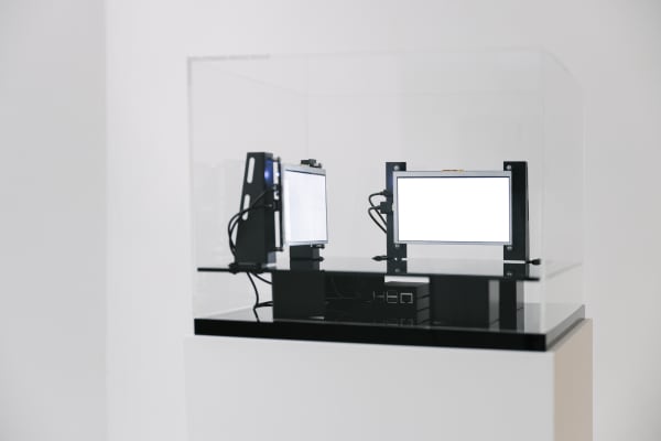 Emmanuel Van der Auwera, Maquette, 2021 Plexiglass, Raspberry Pi computer, LCD screens, 30 x 41 x 41 cm, 11 3/4 x 16 1/8 x 16 1/8 in, Edition of 8 plus 2 artist's proofs.