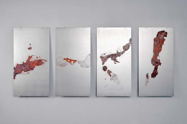 Ella Littwitz, Red Mercury, 2021, Four cold rolled steel boards, 100 x 50 cm each-39 3/8 x 19 3/4 in each. Photo Yuval Hai, The Israeli Center for Digital Art