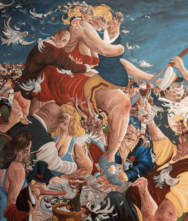 Willehad Eilers, Es wird gegessen was auf den Tisch kommt, 2022, Oil on canvas, 210 x 400 cm, 82 1/2 x 157 1/2 in