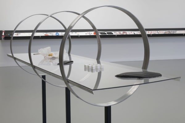 Haseeb Ahmed, Wind Tunnel World Orrery, 2018, Aluminium, steel, plastic, 3D print, clay, tuning fork, cheeseburger 150 x 181 x 60 cm, 59 1/8 x 71 1/4 x 23 5/8 in.