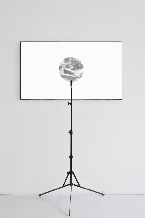 Emmanuel Van der Auwera, VideoSculpture XXII (White Noise), 2020, 55-inch LCD screen, polarization filter, plexiglass, tripod, cables, HD video 38 min 13 sec, height 190 cm, height 74 3/4 in. Edition of 3 plus 2 AP.