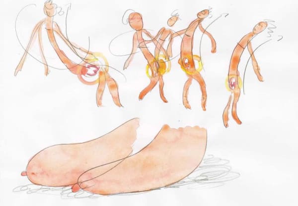 Andrea Éva Győri, "By the weight of their breasts 4", 2018, Watercolor and pencil on paper, 21 x 29.7 cm. Courtesy Andrea Éva Győri Estate and Harlan Levey Projects