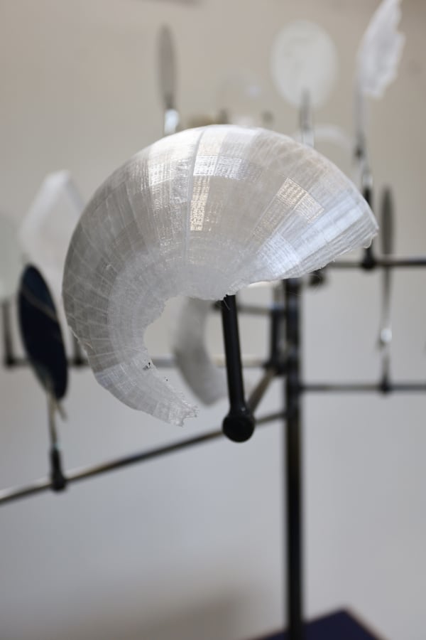 Detail view, Amélie Bouvier, "Nouvelle Constellation", 2025, Metal, 3D print, paper, ink, magnified glass, wood, fabric, 160 x 80 x 80 cm