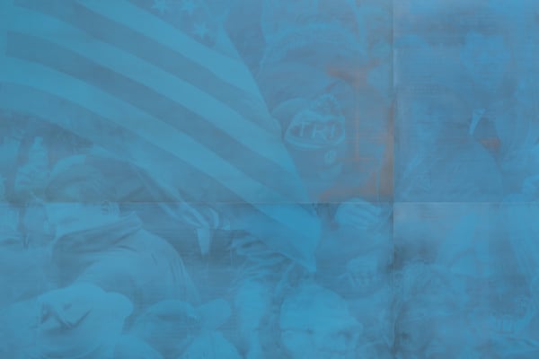 Emmanuel Van der Auwera, "Memento 59 (Capitol Black)" (detail), 2025, Newspaper .3mm aluminum offset plates mounted on aluminum frame. 132 x 288 x 3.5 cm - 52 x 113 3/8 x 1 3/8 in