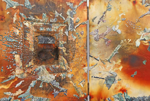 Marcin Dudek, "Cult", 2025. Acrylic paint, steel, aluminium, wood, smoke grenade, medical tape, uv varnish. Closed: 48.5 x 37 x 7 cm, opened: 97 x 92 x 27 cm