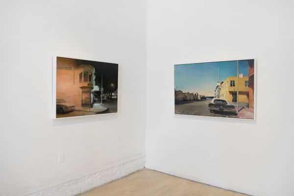 Installation view of oil paintings from Kim Cogan's solo show "Evergreen"