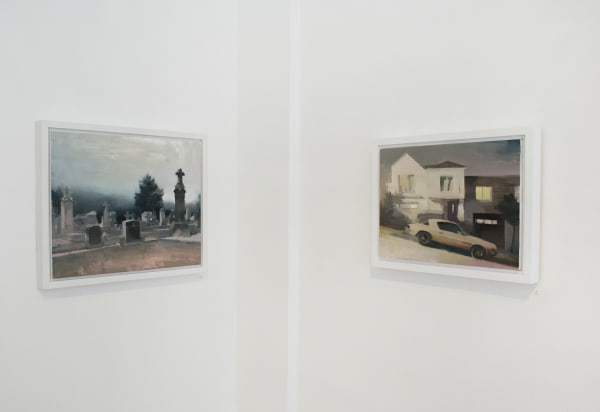 Installation view of oil paintings from Kim Cogan's solo show "Evergreen"