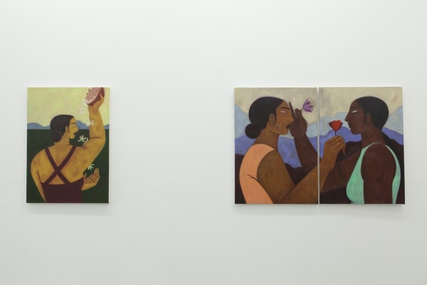 Installation view of "Buscando Recuerdos" group exhibition, Hilda Palafox figurative paintings on gallery wall 